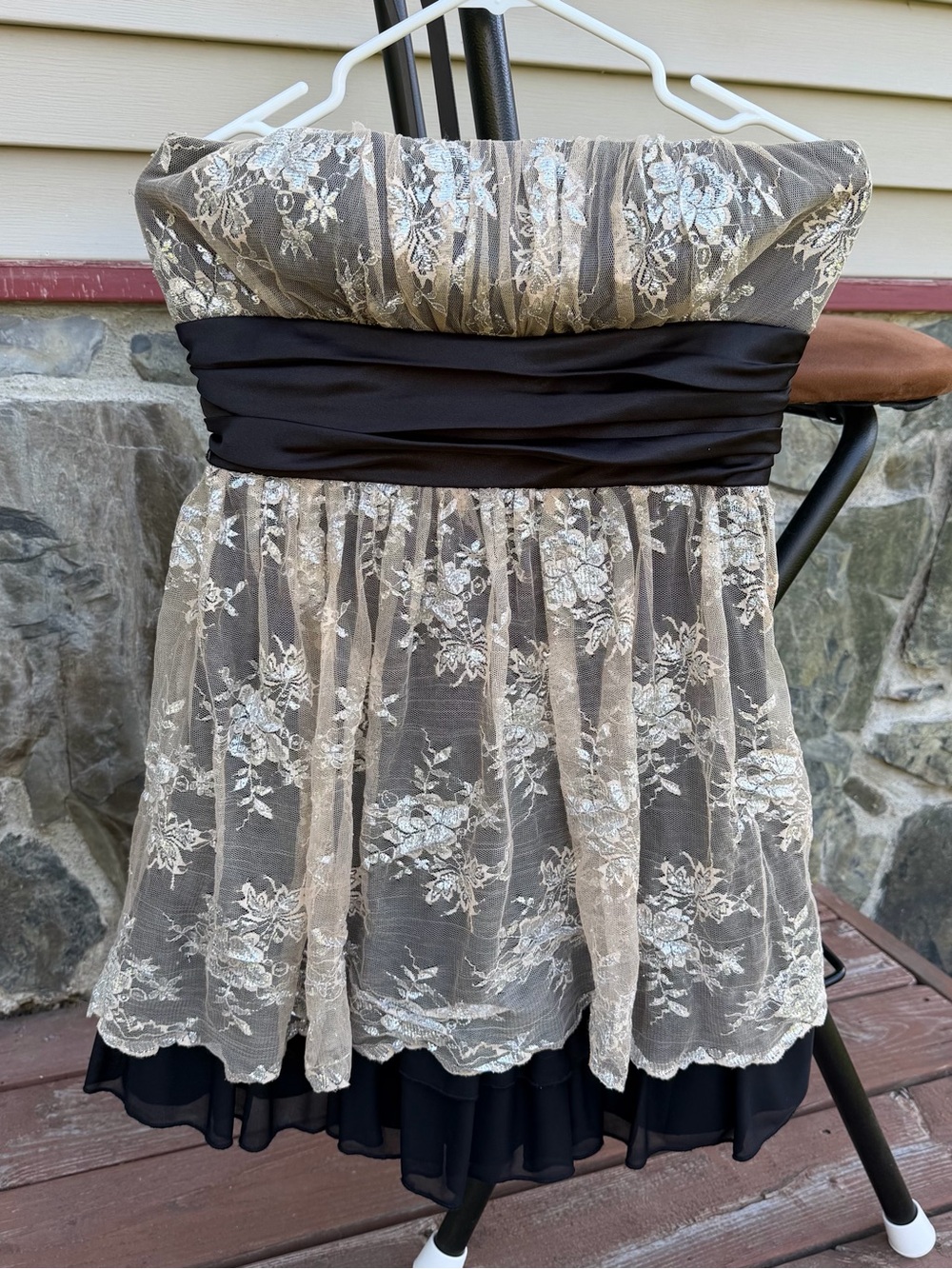 Strapless Black and Cream Floral Lace Dress